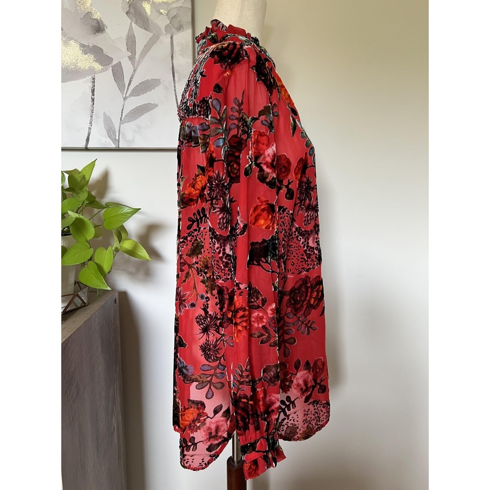 John Mark Top Womens Medium Red Floral Sheer Velvet Burnout Tunic Boho Romantic - Picture 6 of 8